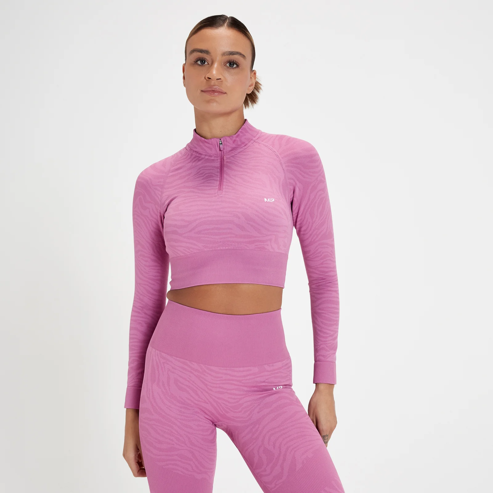 MP Women's Tempo Seamless 1/4 Zip Crop Top - Blossom Pink Zebra - S الصورة 1